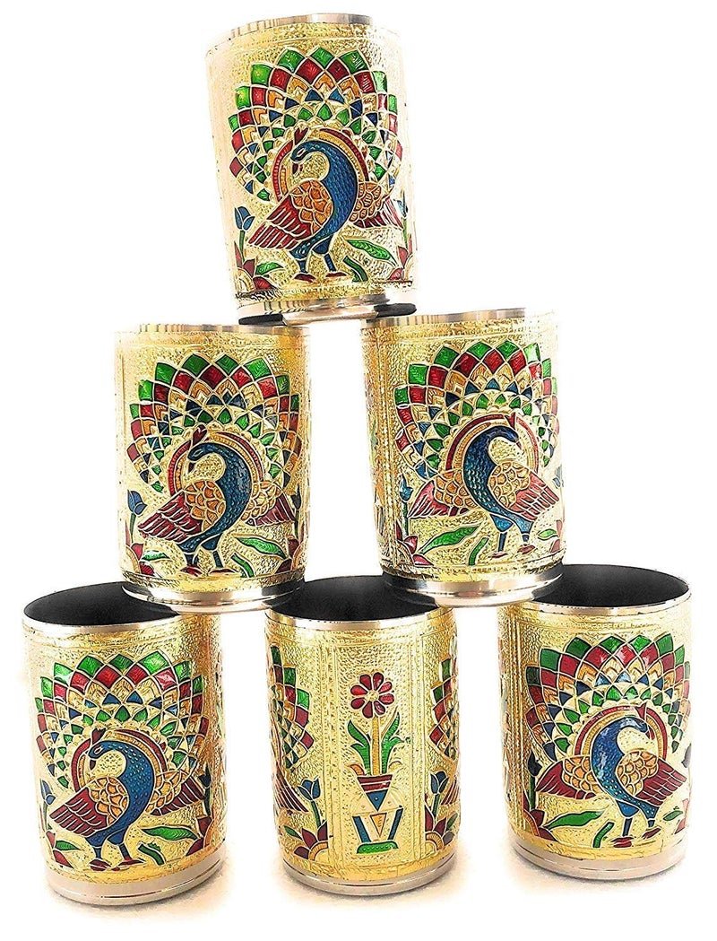 2heet Stainless Steel Meenakari Peacock Design Glass Tray Set – Golden Traditional Indian Serving Set | 6 × 250ml Glasses with Tray | Decorative Tableware Drinkware Gift for Water, Juice & Festivals - Image 4