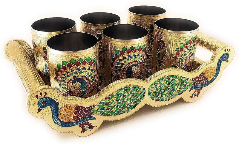 2heet Stainless Steel Meenakari Peacock Design Glass Tray Set – Golden Traditional Indian Serving Set | 6 × 250ml Glasses with Tray | Decorative Tableware Drinkware Gift for Water, Juice & Festivals - Image 1