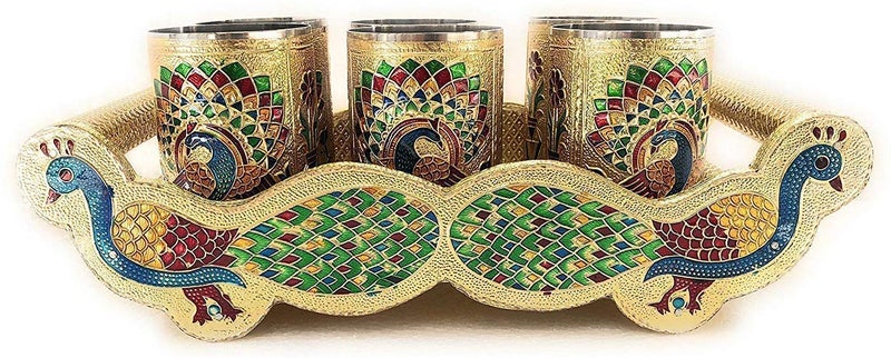 2heet Stainless Steel Meenakari Peacock Design Glass Tray Set – Golden Traditional Indian Serving Set | 6 × 250ml Glasses with Tray | Decorative Tableware Drinkware Gift for Water, Juice & Festivals - Image 2