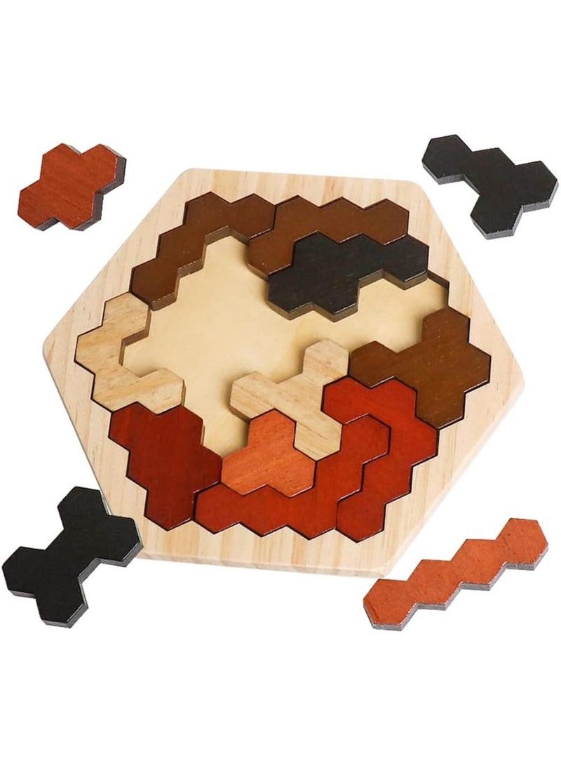 Wooden Hexagon Puzzle for Kids & Adults, Montessori STEM Educational Toy with Colorful Shapes, Logic IQ Brain Teaser Game for All Ages, Geometry Tangram Gift  - Image 1