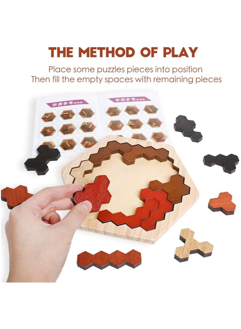 Wooden Hexagon Puzzle for Kids & Adults, Montessori STEM Educational Toy with Colorful Shapes, Logic IQ Brain Teaser Game for All Ages, Geometry Tangram Gift  - Image 4