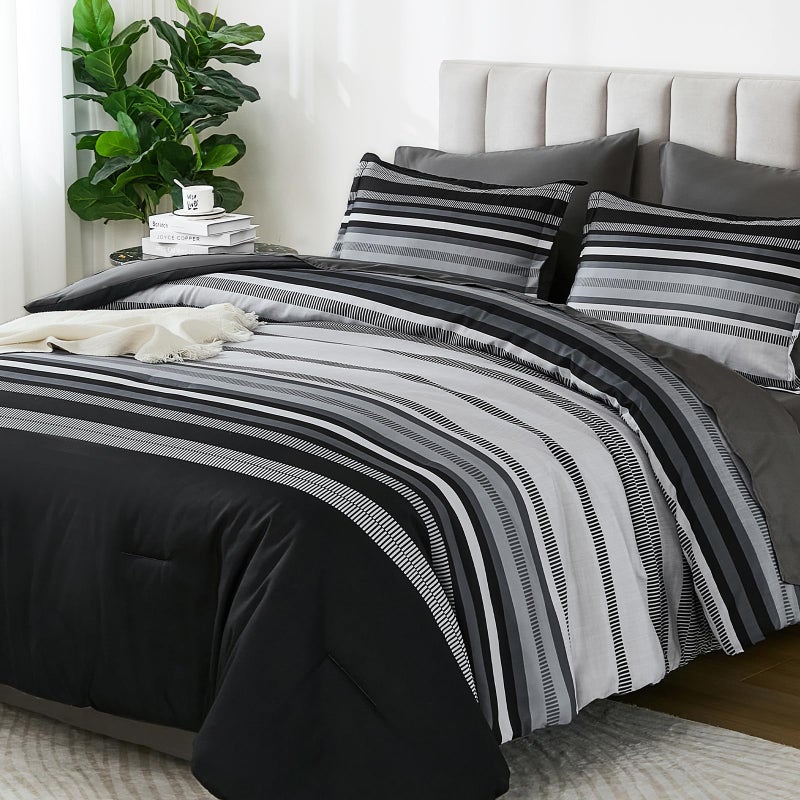 Dobuyly Grey Queen Comforter Set 7 Pieces, Striped Bed in a Bag Queen Size Soft Microfiber All Season Boho Bedding Set with Comforter, Sheets, Pillowcases & Shams - Image 1