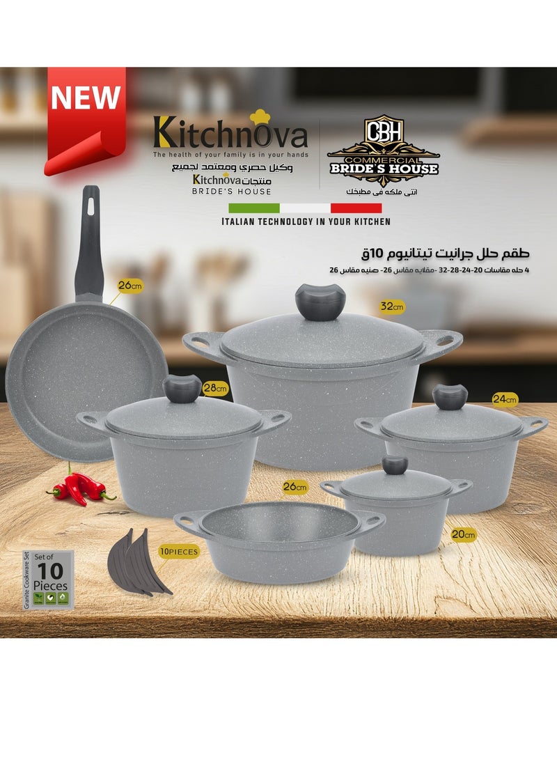 Kitchnova 10 Piece Kitchennova Granite Set Round Die Cast -Grey 4 Pots (20 – 24 – 28 – 32) + Frying Pan 26 + Tray 26 