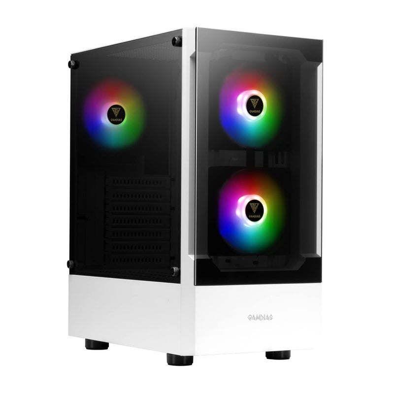GAMDIAS ZEUS White RGB Gaming ATX Mid Tower Computer PC Case with Side Tempered Glass Panel and a Magnetic Dust Filter & 3 Built-in 120mm ARGB Fans - Image 1