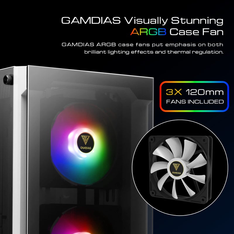 GAMDIAS ZEUS White RGB Gaming ATX Mid Tower Computer PC Case with Side Tempered Glass Panel and a Magnetic Dust Filter & 3 Built-in 120mm ARGB Fans - Image 2
