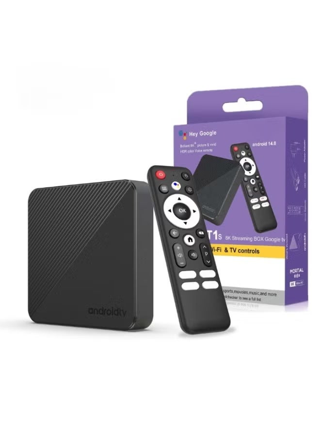 T1S Smart Android TV Box 14.0 with 8K Ultra HD Streaming, Voice Control Remote, Google Assistant Support, High-Speed WiFi, HDMI Smart Media Player, App Streaming Device for Movies, Shows & Screen Casting – Black