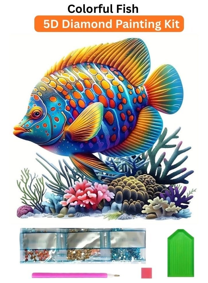 Diamond Painting Kit 5D Diamond Art Set for Kids & Adults DIY Wall Decor Craft,  Colorful Fish Design, Acrylic Diamonds, Adhesive Canvas with Wooden Frame, Relaxing Hobby Art Kit, 20x20 cm - Image 1