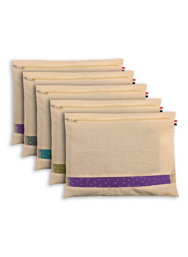 سولستيس أغطية/أكياس الساري القطنية الكبيرة من SOLSTICE للتخزين الفردي (18 × 15 بوصة) للساري الحريري الكبير، واللينجها، والملابس ذات الإغلاق بسحاب (مع نافذة - عبوة من 5 قطع)، كريمي - Image 1