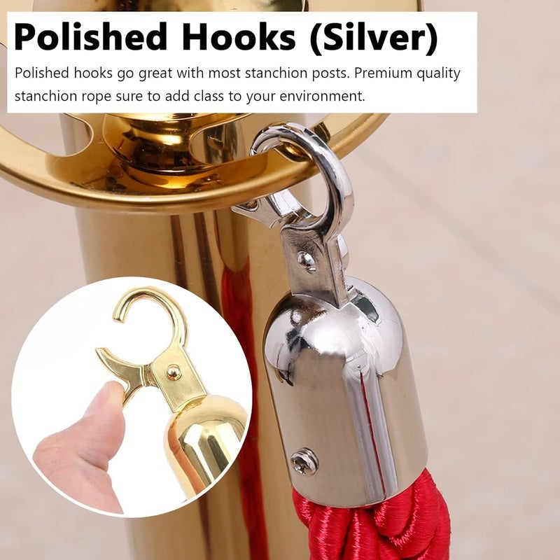 Red Velvet Rope Barriers, 0.6m 0.9m 1m 1.2m 1.5m 2m Long Stanchion Rope with Polished Silver Hooks, Front Lobby Restaurant Crowd Control Cord (Color : Gold, Size : 4ft/120cm)(Silver,6ft/185cm) - Image 4
