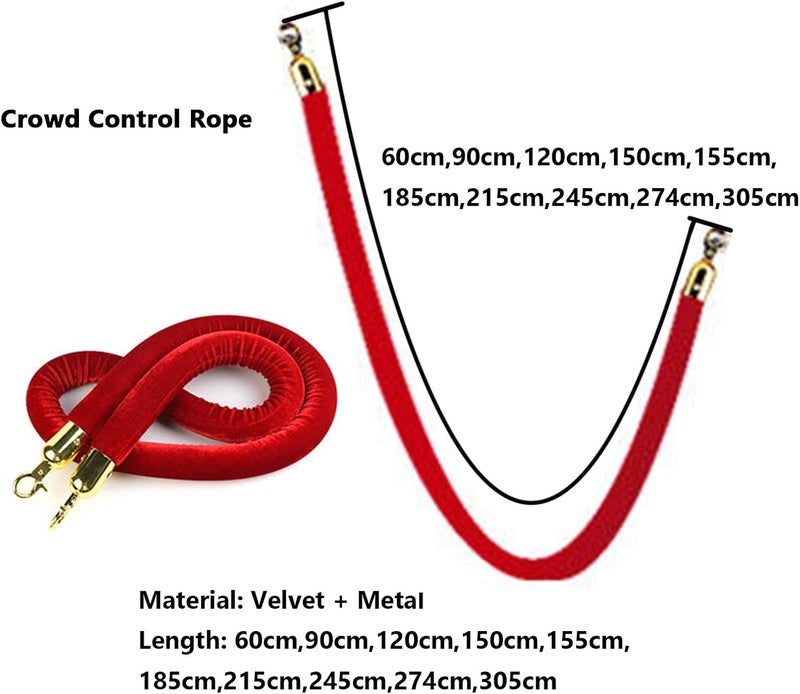 Red Velvet Rope Barriers, 0.6m 0.9m 1m 1.2m 1.5m 2m Long Stanchion Rope with Polished Silver Hooks, Front Lobby Restaurant Crowd Control Cord (Color : Gold, Size : 4ft/120cm)(Silver,6ft/185cm) - Image 3