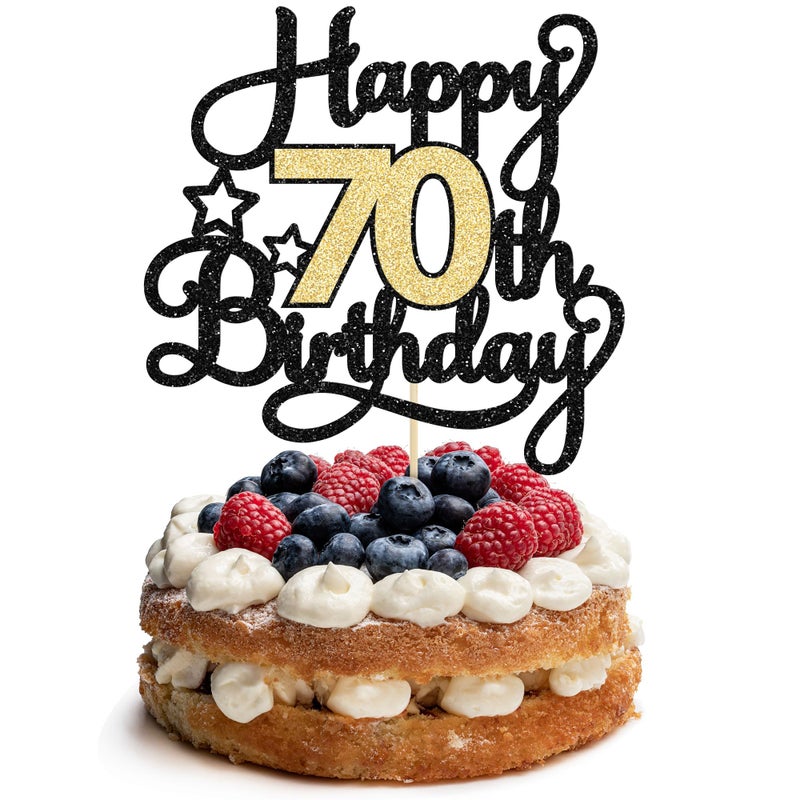 Ephlyn 1Pc Happy 70th Birthday Cake Topper Glitter Cheers to 70 Years Cake Topper 70 Fabulous Cake Decoration for Happy 70th Birthday Anniversary Party Cake Decorations Supplies Black Gold - Image 1