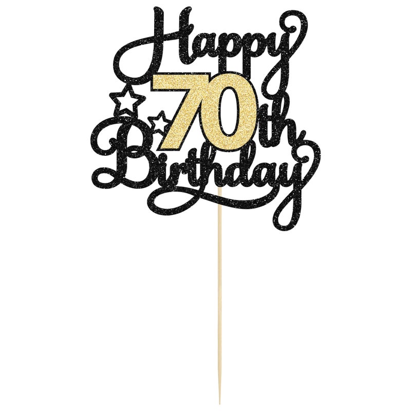 Ephlyn 1Pc Happy 70th Birthday Cake Topper Glitter Cheers to 70 Years Cake Topper 70 Fabulous Cake Decoration for Happy 70th Birthday Anniversary Party Cake Decorations Supplies Black Gold - Image 3