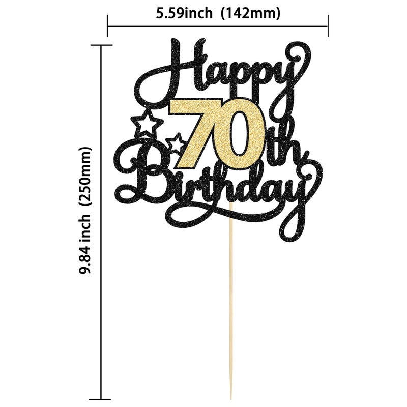Ephlyn 1Pc Happy 70th Birthday Cake Topper Glitter Cheers to 70 Years Cake Topper 70 Fabulous Cake Decoration for Happy 70th Birthday Anniversary Party Cake Decorations Supplies Black Gold - Image 2