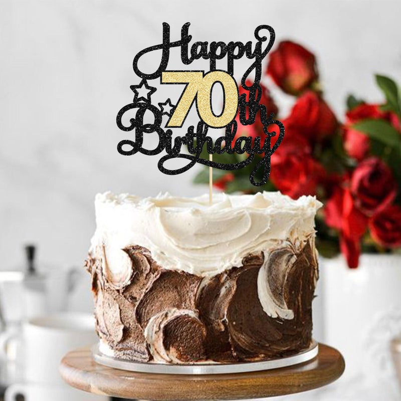 Ephlyn 1Pc Happy 70th Birthday Cake Topper Glitter Cheers to 70 Years Cake Topper 70 Fabulous Cake Decoration for Happy 70th Birthday Anniversary Party Cake Decorations Supplies Black Gold - Image 4