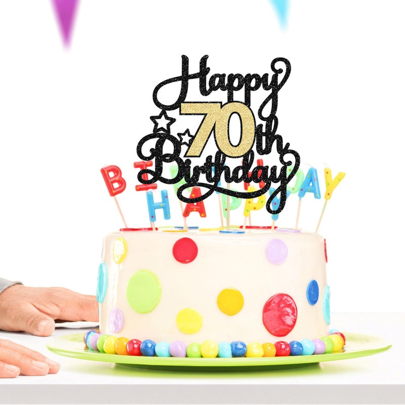 Ephlyn 1Pc Happy 70th Birthday Cake Topper Glitter Cheers to 70 Years Cake Topper 70 Fabulous Cake Decoration for Happy 70th Birthday Anniversary Party Cake Decorations Supplies Black Gold - Image 5
