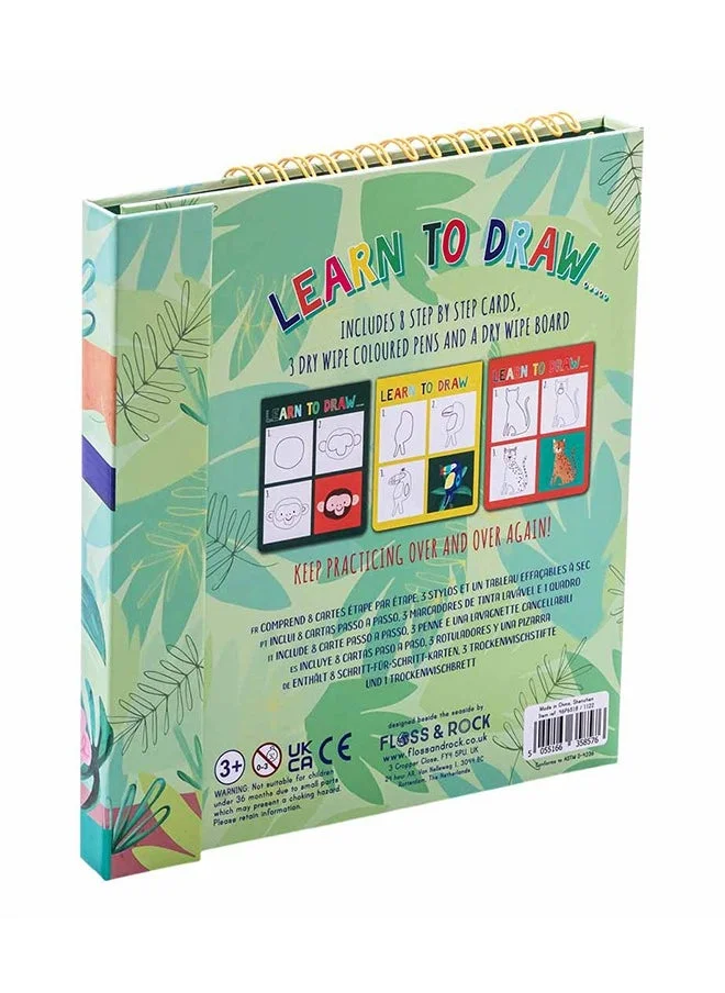 Floss & Rock Jungle Learn to Draw | Step-by-Step Drawing Kit for Kids 3+ | Includes Dry Wipe Board & 3 Colored Pens for Mess-Free Fun