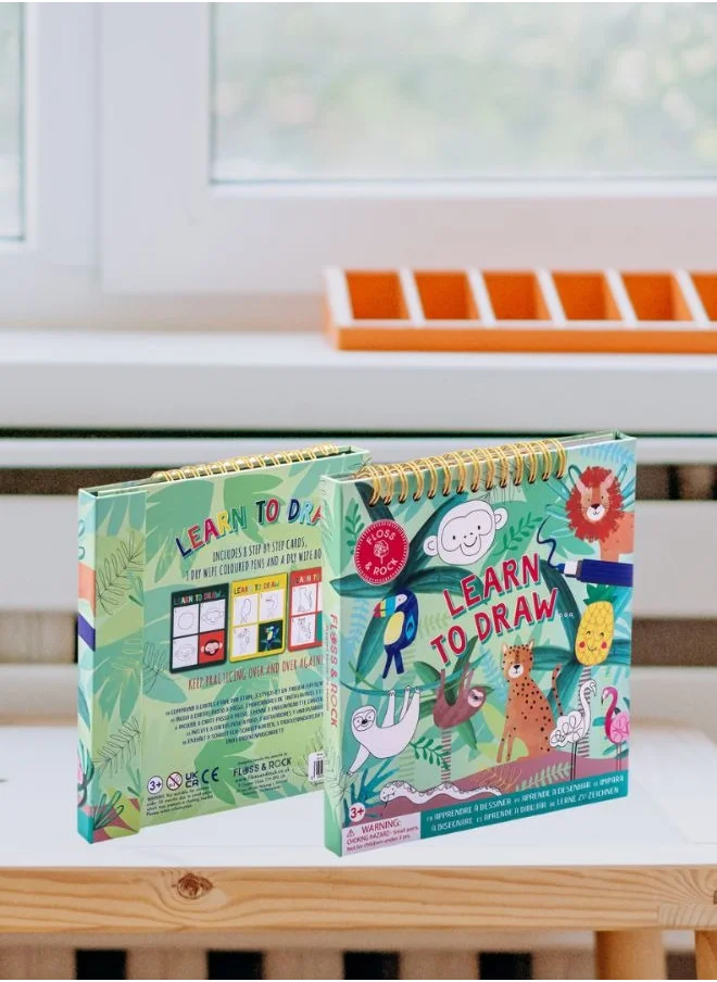 Floss & Rock Jungle Learn to Draw | Step-by-Step Drawing Kit for Kids 3+ | Includes Dry Wipe Board & 3 Colored Pens for Mess-Free Fun