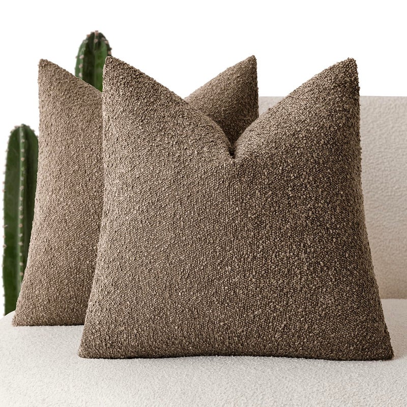 Foindtower Pack of 2 Textured Boucle Throw Pillow Covers Accent Solid Decorative Pillow Cases Cozy Woven Couch Cushion Case for Chair Sofa Bedroom Living Room Home Decor 20x20 Inch Light Brown - Image 1