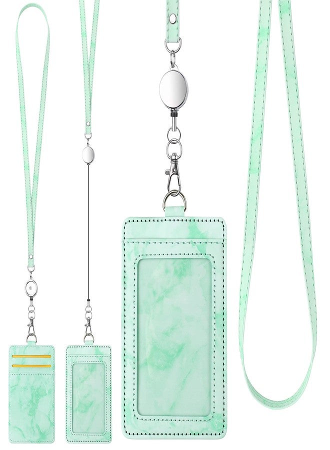 RAINBOW WSK ID Badge Holder with Lanyard Marble Pattern Retractable Badge Holder PU Leather with Clear ID Window 1 Credit Card Case Name Badge Keychain Tags Protector for Women Nurse Teacher Office (Green) - Image 1