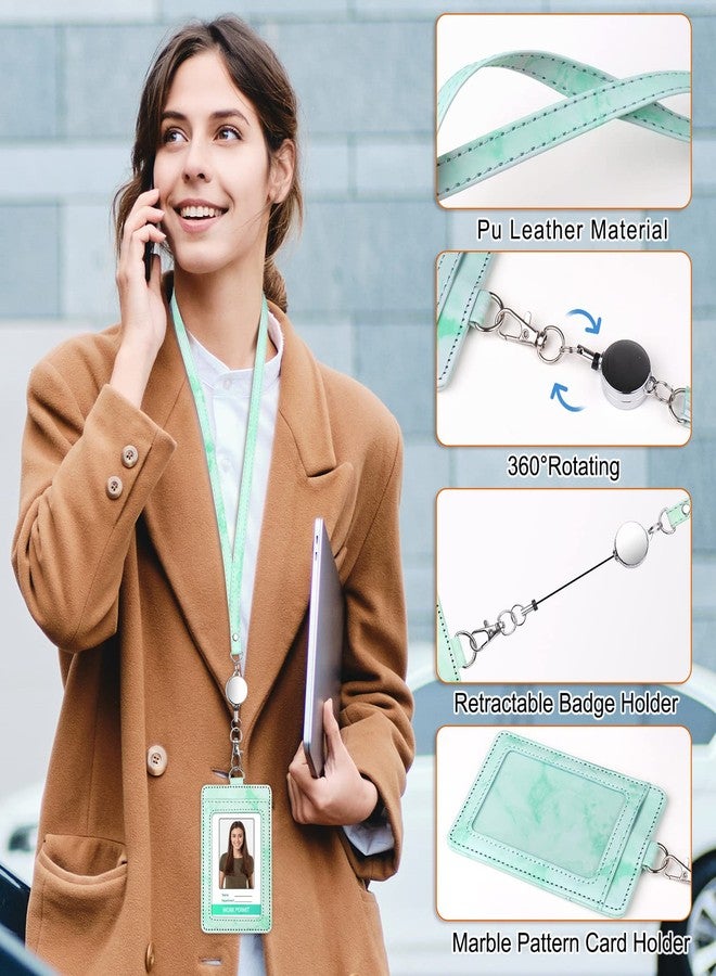 RAINBOW WSK ID Badge Holder with Lanyard Marble Pattern Retractable Badge Holder PU Leather with Clear ID Window 1 Credit Card Case Name Badge Keychain Tags Protector for Women Nurse Teacher Office (Green) - Image 3