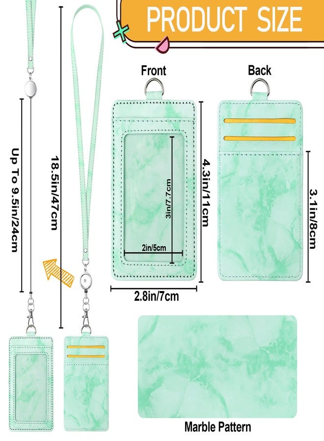 RAINBOW WSK ID Badge Holder with Lanyard Marble Pattern Retractable Badge Holder PU Leather with Clear ID Window 1 Credit Card Case Name Badge Keychain Tags Protector for Women Nurse Teacher Office (Green) - Image 2