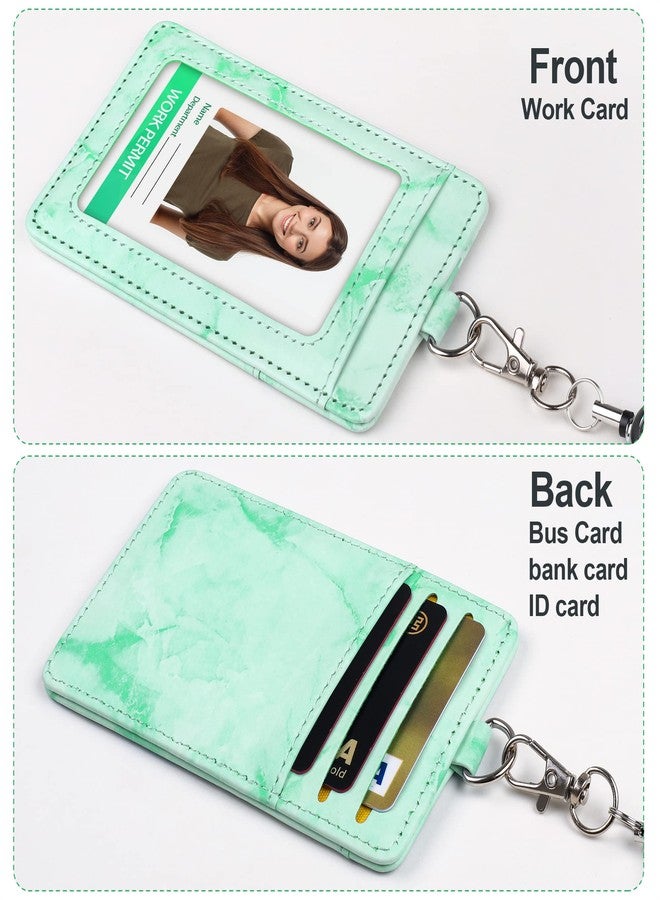 RAINBOW WSK ID Badge Holder with Lanyard Marble Pattern Retractable Badge Holder PU Leather with Clear ID Window 1 Credit Card Case Name Badge Keychain Tags Protector for Women Nurse Teacher Office (Green) - Image 5