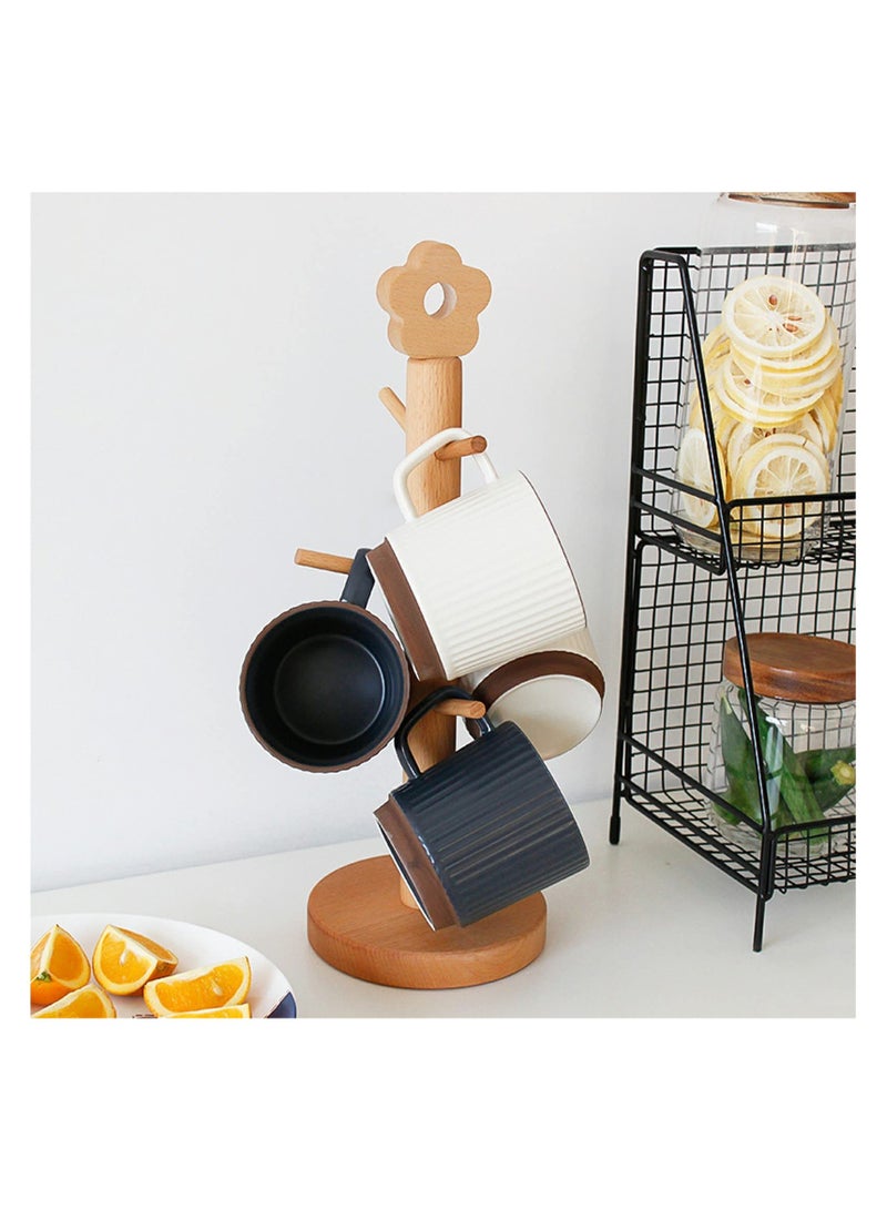 SOLARAE Wood Mug Stand Tree, Coffee Mug Tree Cups Rack Holder with Six Removable Pegs, Steady Mug Organizer Stand for Countertop, Tea Cup Glass Bottle Hanger Drying Display Organizer Standing - Image 2