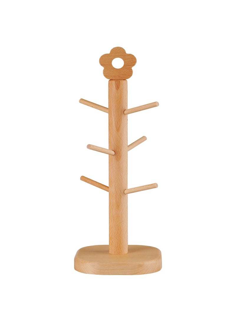 SOLARAE Wood Mug Stand Tree, Coffee Mug Tree Cups Rack Holder with Six Removable Pegs, Steady Mug Organizer Stand for Countertop, Tea Cup Glass Bottle Hanger Drying Display Organizer Standing - Image 1