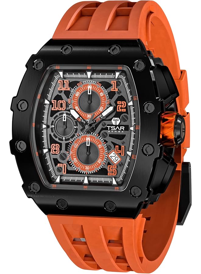 TSAR BOMBA Men Watch Luxury Waterproof Watch 50 M Barrel Analogue Stopwatch Skeleton Square Large Dial Plunge Sport Watches Japanese Movement Silicone Strap Mirror Sapphire Luminous - Image 1