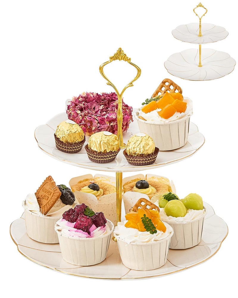 DUJUST Luxury Porcelain 2-Tier Cupcake Stand Tower, British Style Serving Tray with Golden Trim, Food Grade Dessert Display Stand, Beautiful Gift for Tea Party & Home Décor - Image 1