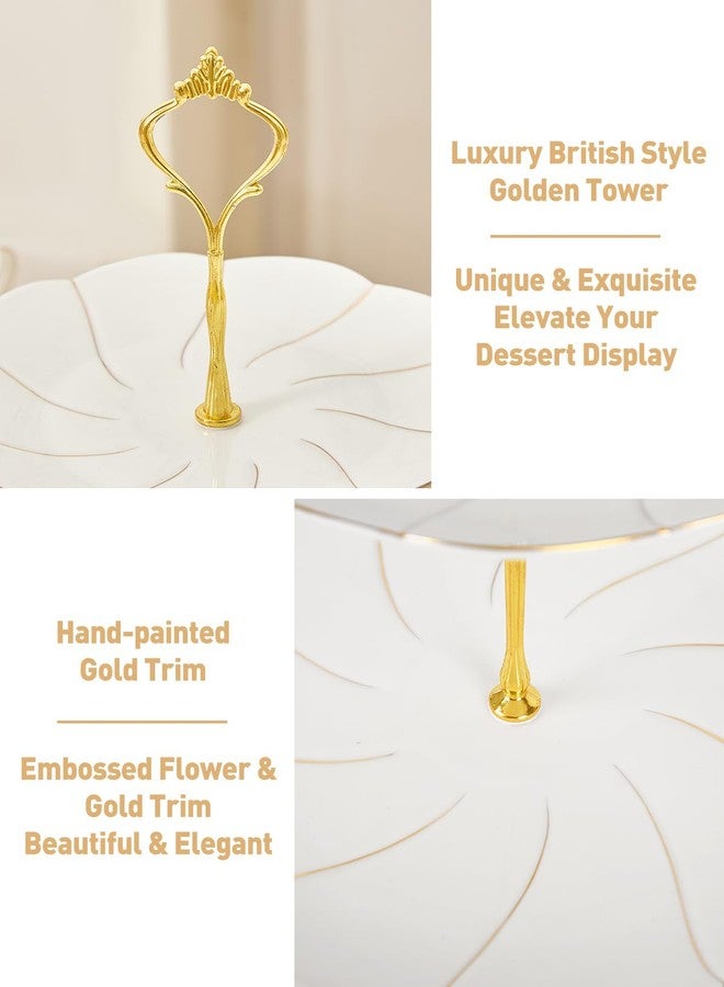 DUJUST Luxury Porcelain 2-Tier Cupcake Stand Tower, British Style Serving Tray with Golden Trim, Food Grade Dessert Display Stand, Beautiful Gift for Tea Party & Home Décor - Image 4
