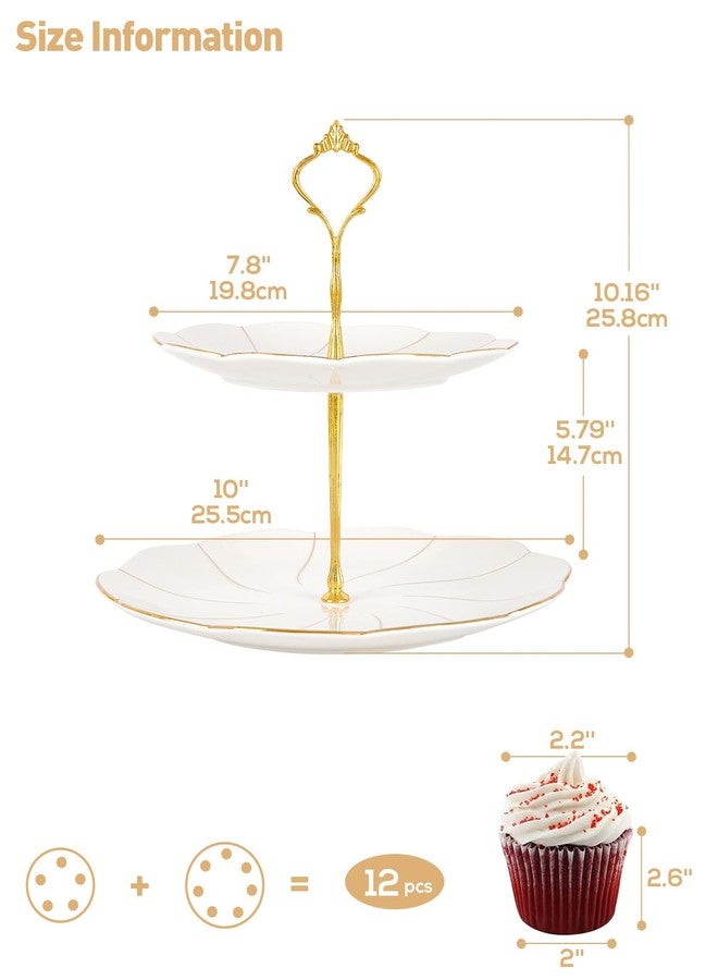 DUJUST Luxury Porcelain 2-Tier Cupcake Stand Tower, British Style Serving Tray with Golden Trim, Food Grade Dessert Display Stand, Beautiful Gift for Tea Party & Home Décor - Image 3