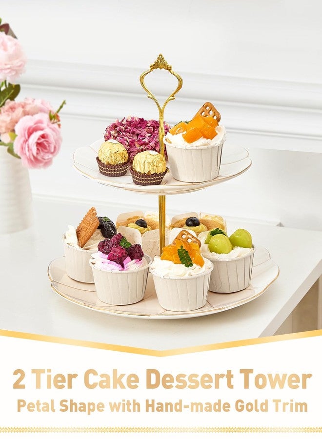 DUJUST Luxury Porcelain 2-Tier Cupcake Stand Tower, British Style Serving Tray with Golden Trim, Food Grade Dessert Display Stand, Beautiful Gift for Tea Party & Home Décor - Image 2