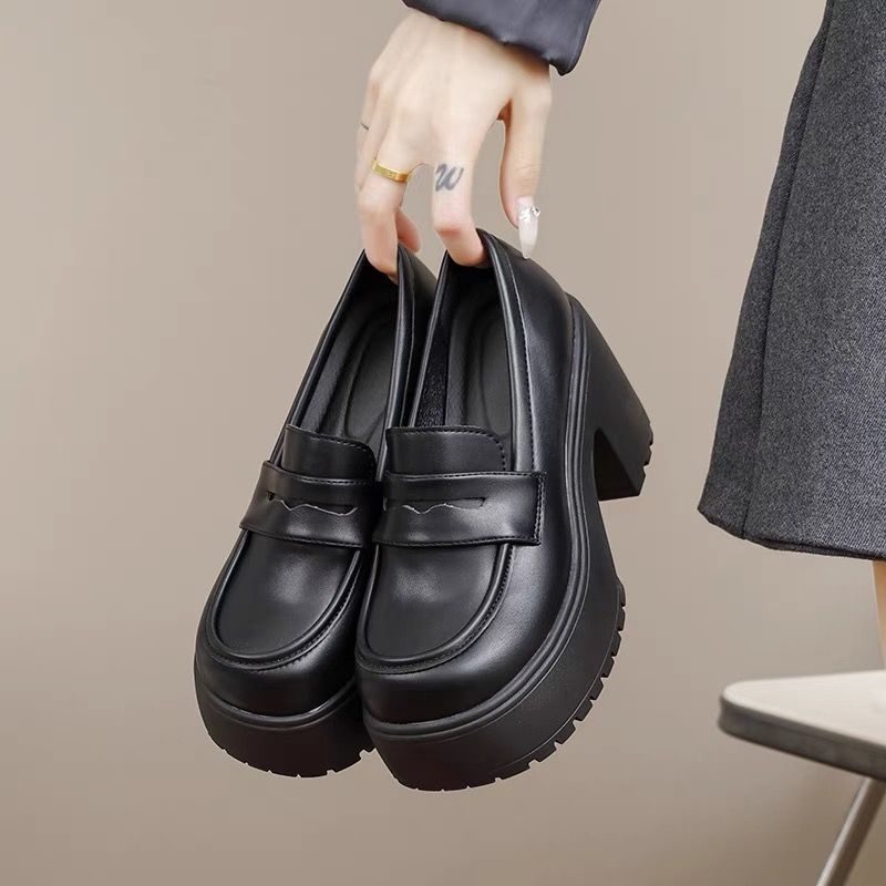 High Heeled Spring and Autumn 2024 New French Retro Jk Single Shoes Thick Sole Thick Heeled Loafers for Women Black