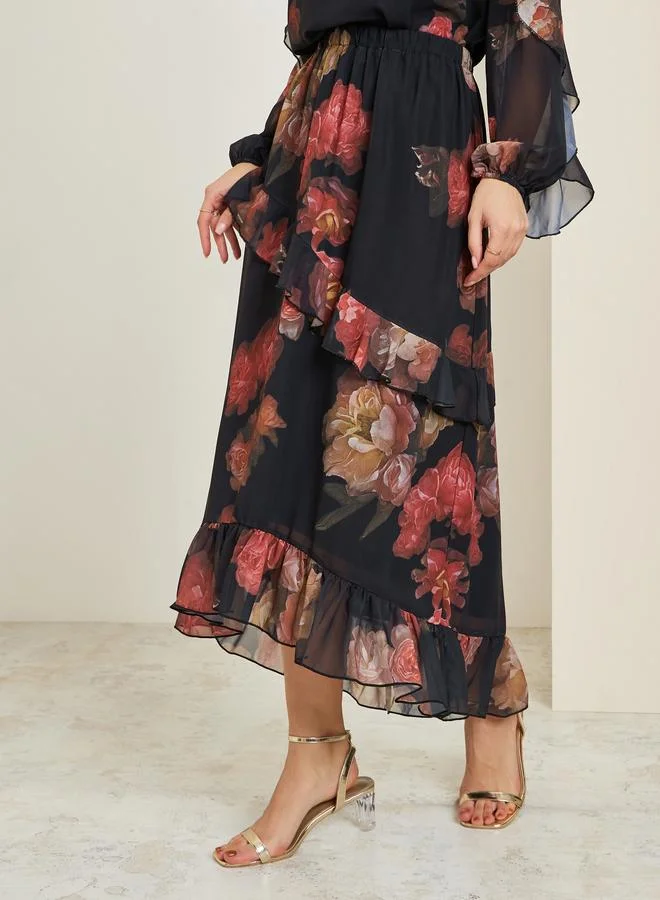Styli Women Black Floral Tiered Maxi Skirt