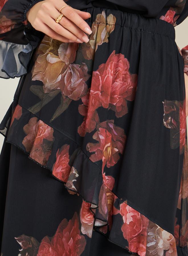 Styli Women Black Floral Tiered Maxi Skirt - Image 3