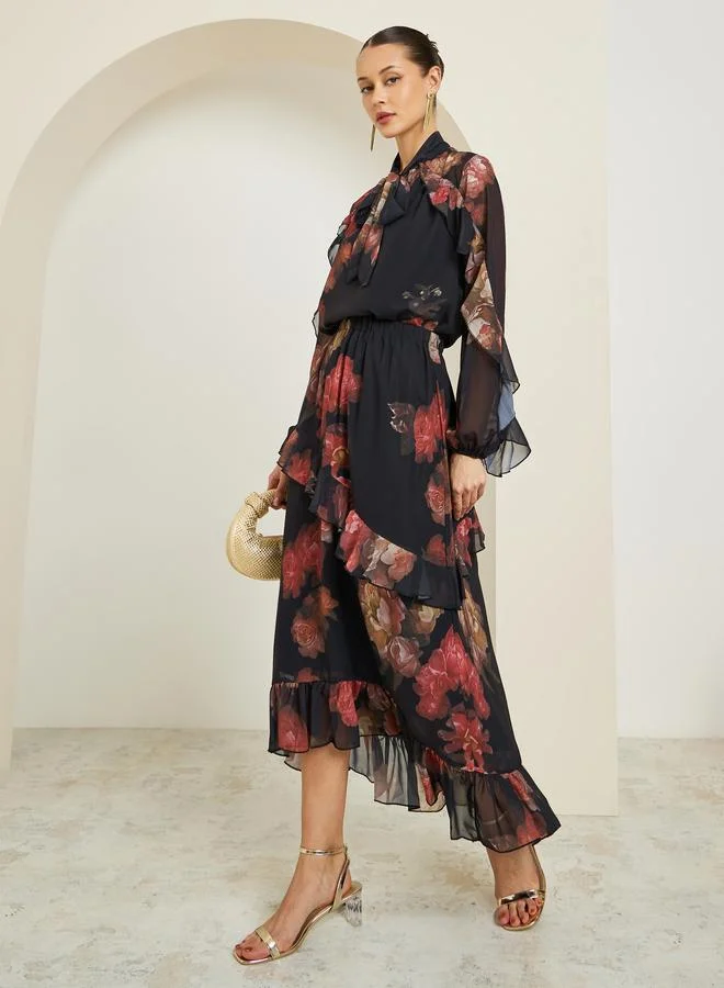 Women Black Floral Tiered Maxi Skirt