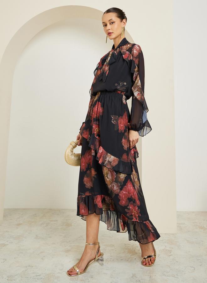 Styli Women Black Floral Tiered Maxi Skirt - Image 1