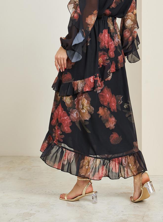 Styli Women Black Floral Tiered Maxi Skirt - Image 4