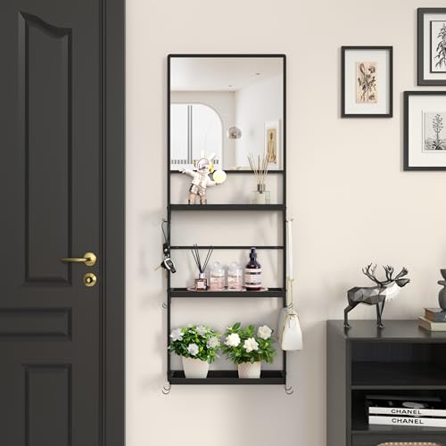 WONSTART 45" X 16" Black Wall Mirror with Shelf and Hooks, Rectangle Mirror for Wall, 3 Trays and 12 Removable Hooks,for Living Room, Hallway, Bedroom (Black-Square) - Image 1