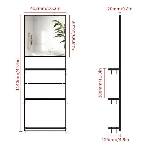 WONSTART 45" X 16" Black Wall Mirror with Shelf and Hooks, Rectangle Mirror for Wall, 3 Trays and 12 Removable Hooks,for Living Room, Hallway, Bedroom (Black-Square) - Image 2