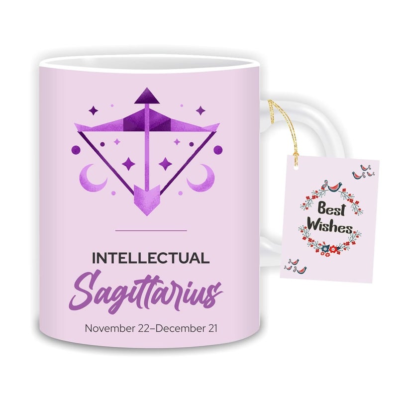 HOME GENIE Zodiac Mugs Ceramic CoffeeTeaMilk Mug Ideal Gift for GirlsBoys Sagittarius with Free Best Wishes Tag - Image 1