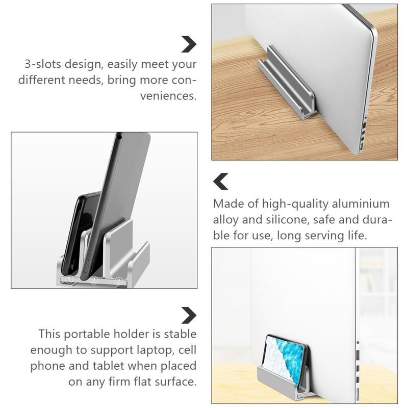 Aluminum Laptop Stand Vertical Holder Adjustable 3 Slot Desktop Organizer Silver - Image 5