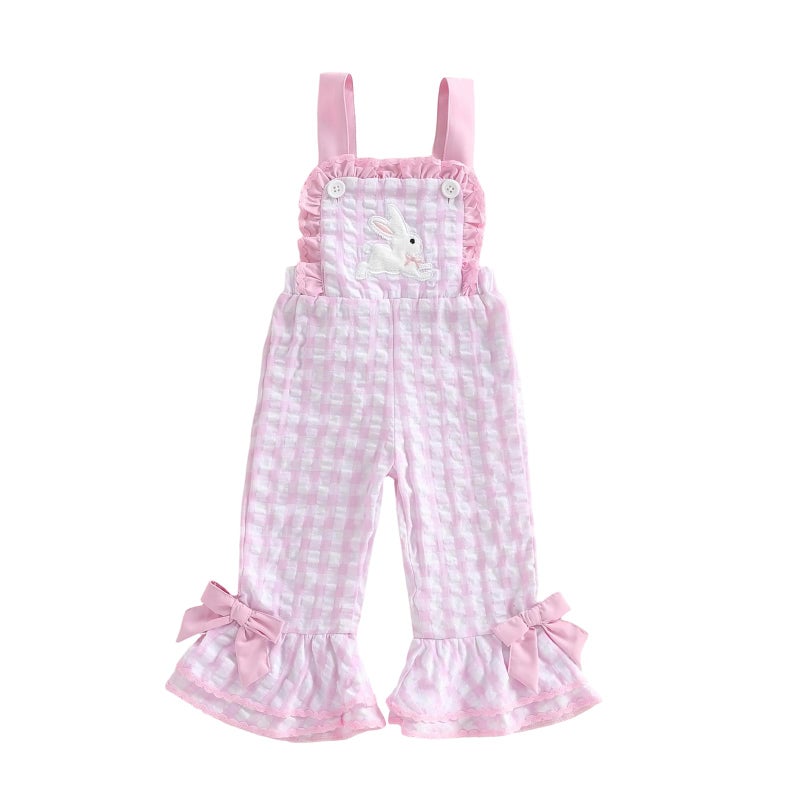 Mieeyali Toddler Baby Girl Easter Outfit Overalls Bunny Romper Cute Smocked Gingham Bell Bottom Suspender Jumpsuit (Pink Easter, 4-5 Years) - Image 1