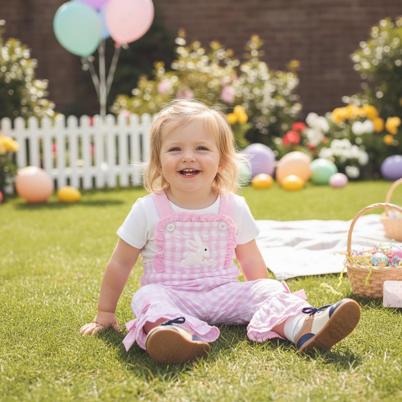Mieeyali Toddler Baby Girl Easter Outfit Overalls Bunny Romper Cute Smocked Gingham Bell Bottom Suspender Jumpsuit (Pink Easter, 4-5 Years) - Image 3