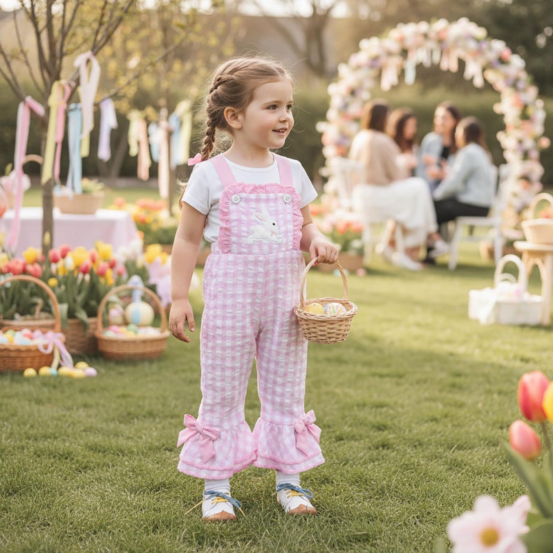 Mieeyali Toddler Baby Girl Easter Outfit Overalls Bunny Romper Cute Smocked Gingham Bell Bottom Suspender Jumpsuit (Pink Easter, 4-5 Years) - Image 2
