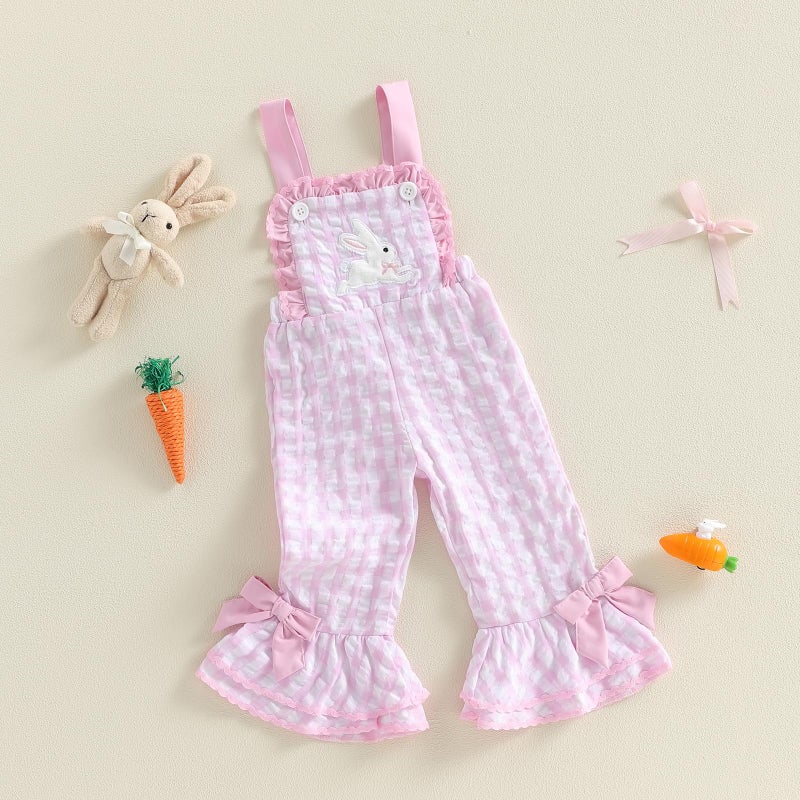 Mieeyali Toddler Baby Girl Easter Outfit Overalls Bunny Romper Cute Smocked Gingham Bell Bottom Suspender Jumpsuit (Pink Easter, 4-5 Years) - Image 4