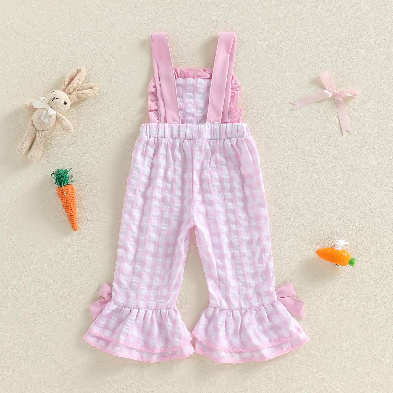 Mieeyali Toddler Baby Girl Easter Outfit Overalls Bunny Romper Cute Smocked Gingham Bell Bottom Suspender Jumpsuit (Pink Easter, 4-5 Years) - Image 5