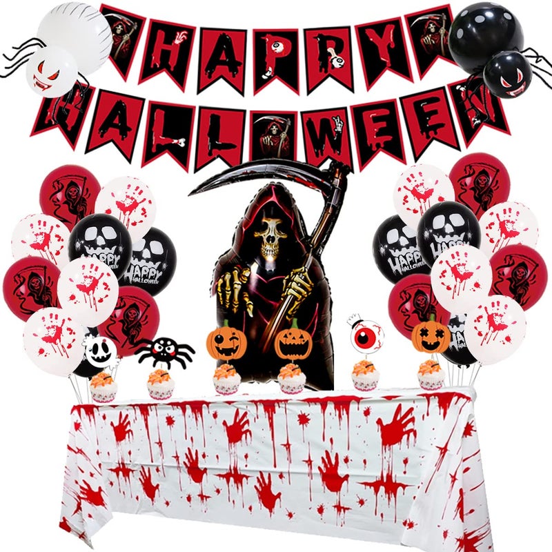 UAEJJ Halloween Decorations Scary Party Decoration Set Bloody Halloween Party Supplies Include Bloody Handprint Terror Ghost Balloon Banner Bloody Tablecloth Halloween Party Decorations A - Image 2