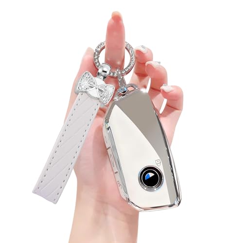 TECARATE for BMW Key Fob Cover - Soft TPU Key Protector for 2023 2024 2025 7 Series IX I5 M60 X5 X7 X6 IX I7 Car Key Case with Nice Keychain(White) - Image 1